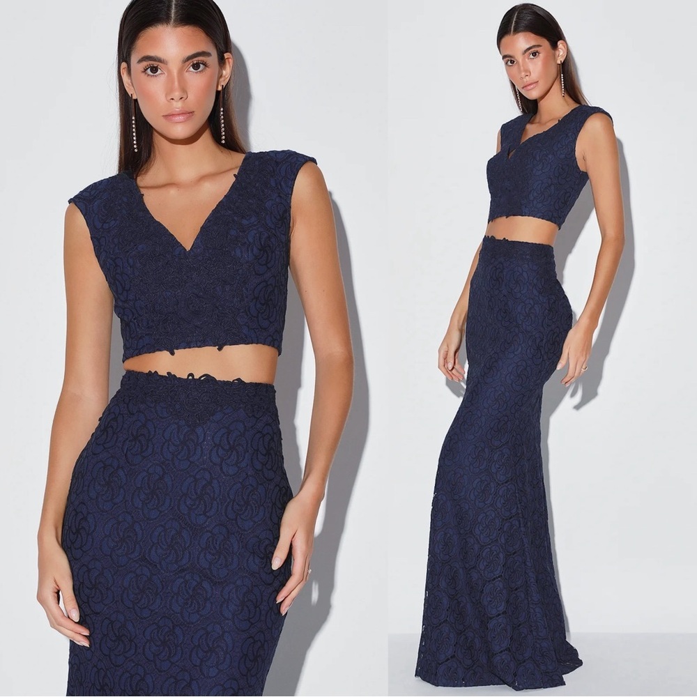 Lulu's Navy Lace Two-Piece V-Neck Crop Top and Maxi Skirt Set